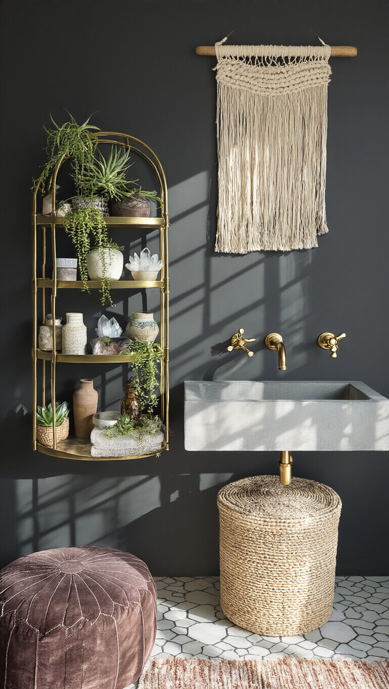 Overhead view of a moody bathroom corner with vintage brass étagère, ceramics, crystals, air plants, concrete sink with brass fixtures, handwoven wall hanging, and textured decor in charcoal tones and natural fibers.