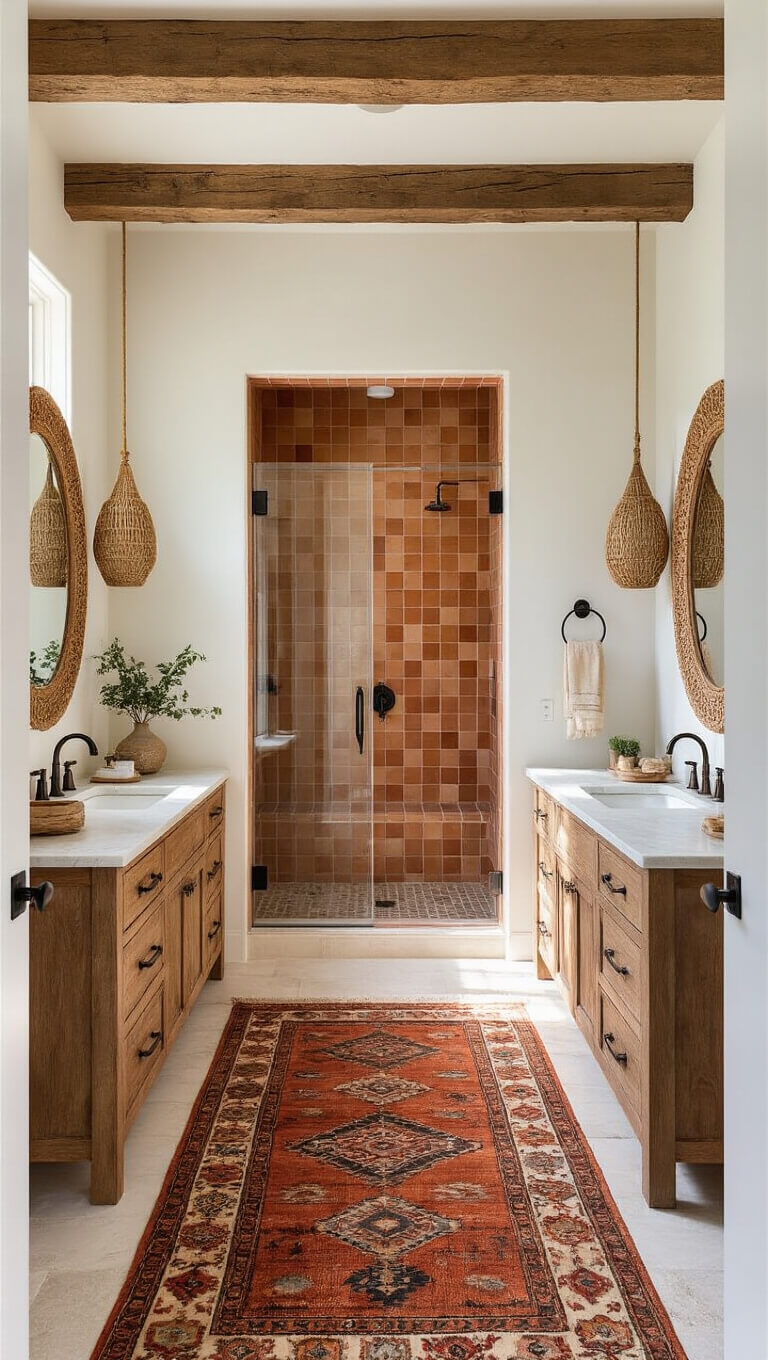 Bohemian-style master bathroom with high ceilings, exposed beams, terra cotta tile shower, double reclaimed wood vanity, brass vessel sinks, and vintage accents.
