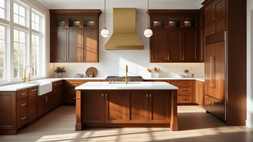 "Luxurious kitchen with cherry wood cabinets, white quartz countertops, brass accents, and warm lighting"
