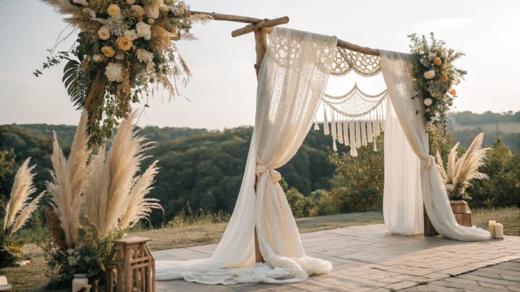 Boho Wedding Arch - Dreamy bohemian ceremony arch with pampas grass and flowing fabrics