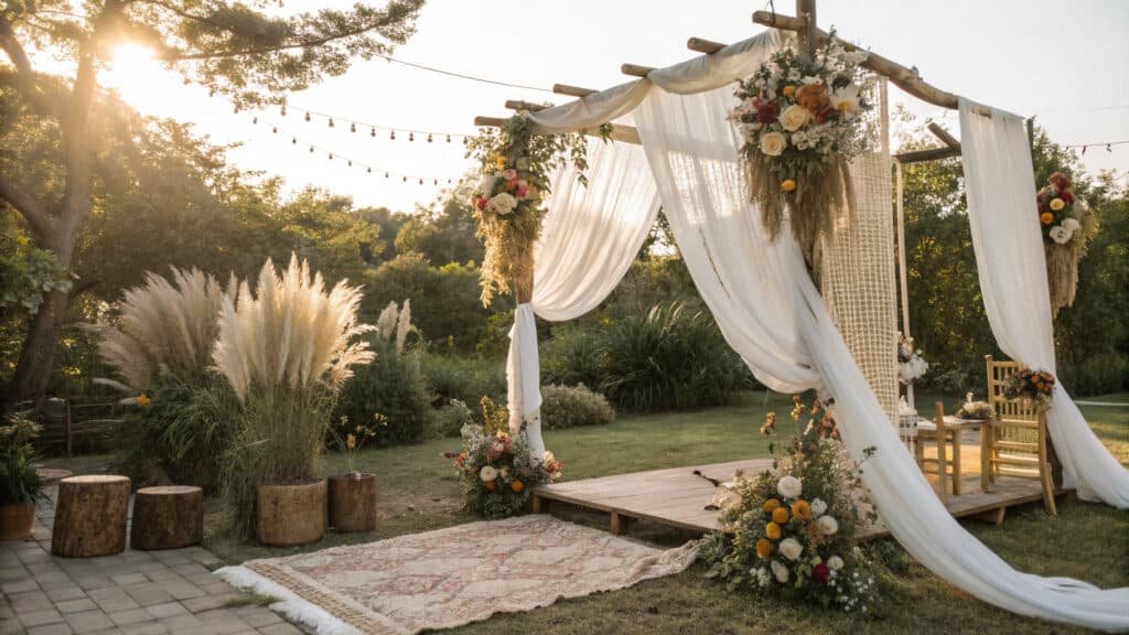 Boho Wedding Ideas - Stunning bohemian wedding scene with flowing fabrics and wildflowers