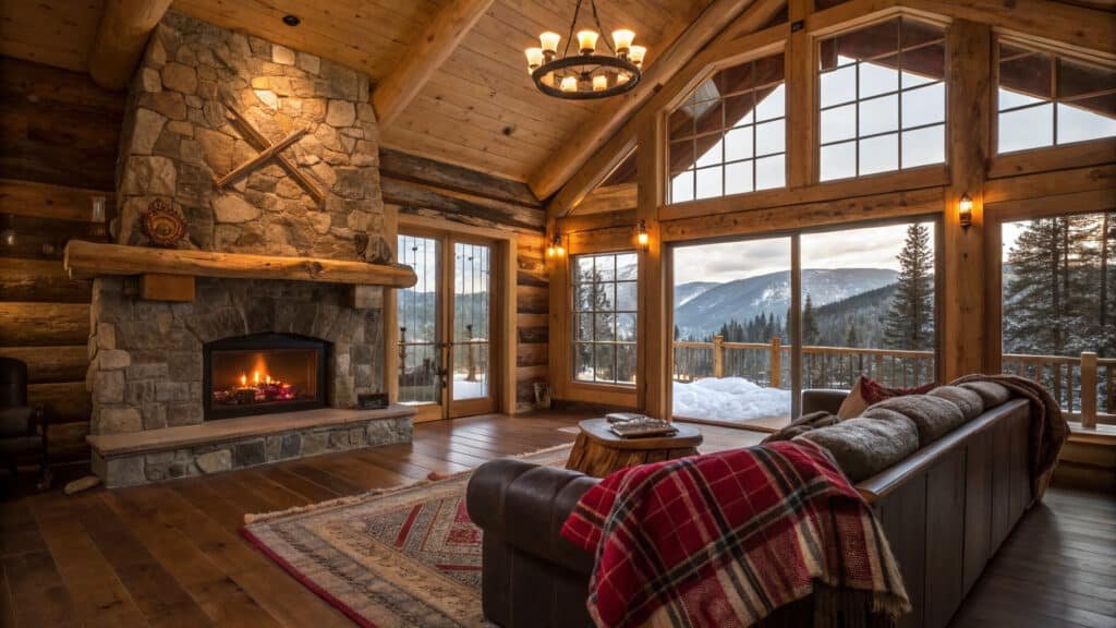 Cabin Interiors - Cozy rustic cabin interior with stone fireplace and wooden beams