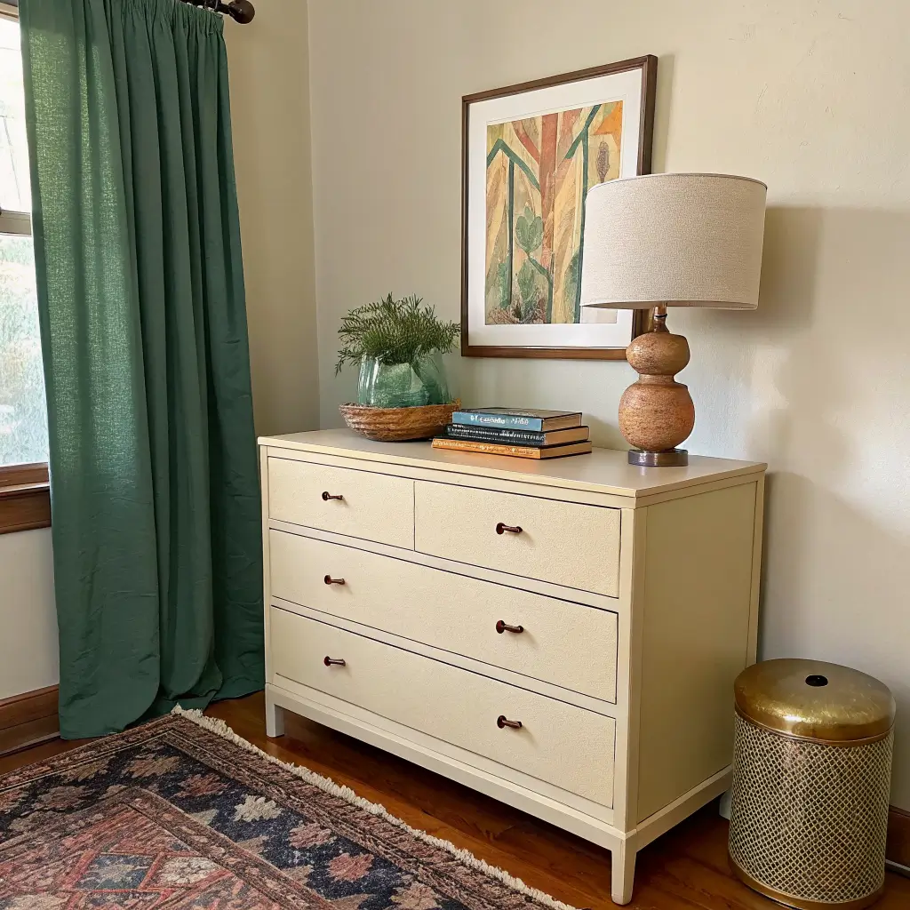 Cozy bedroom corner with a warm cream thrifted dresser, glowing stoneware lamp, framed abstract art, books, and brass tray on a patterned rug with a green curtain edge.