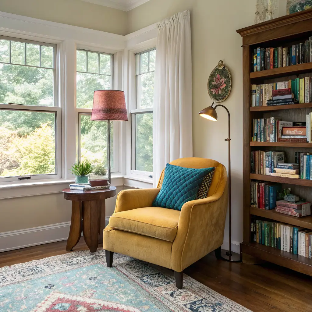 Photorealistic reading nook with mustard velvet armchair by a walnut side table, cobalt lamp with pink shade, cream plaster walls, oak floors, Suzani rug, open shelves with pottery and trailing philodendron, lit by soft north-facing bay window daylight.
