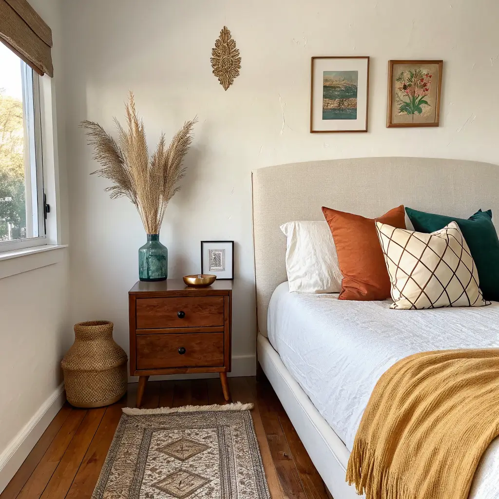 Photorealistic budget-friendly bedroom corner with cream linen bed, mustard and emerald pillows, cobalt vase with pampas on walnut nightstand, brass lamp, warm oak floors, and jute-emerald runner in soft late morning light.