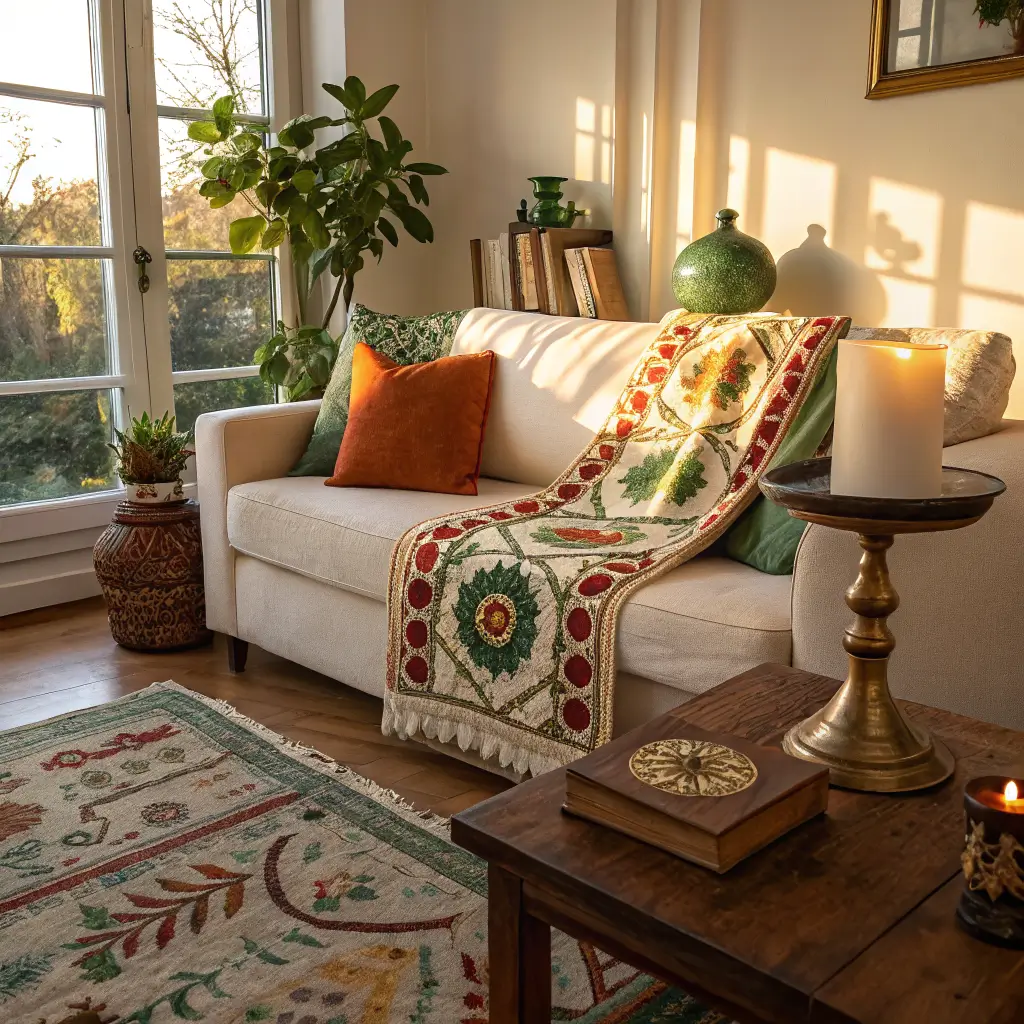 Sunlit living room palette corner with cream linen sofa and vintage Suzani throw, emerald pillow, mustard vase, burnt orange candle on walnut table with paint swatches and layered rugs.