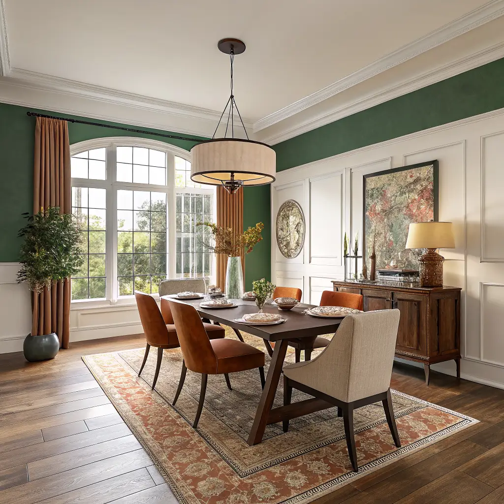 Photorealistic dining room with cream walls and oak floors, emerald accent wall behind walnut table, burnt orange accents, cream linen chairs, brass pendant, and patterned rug in balanced daylight.