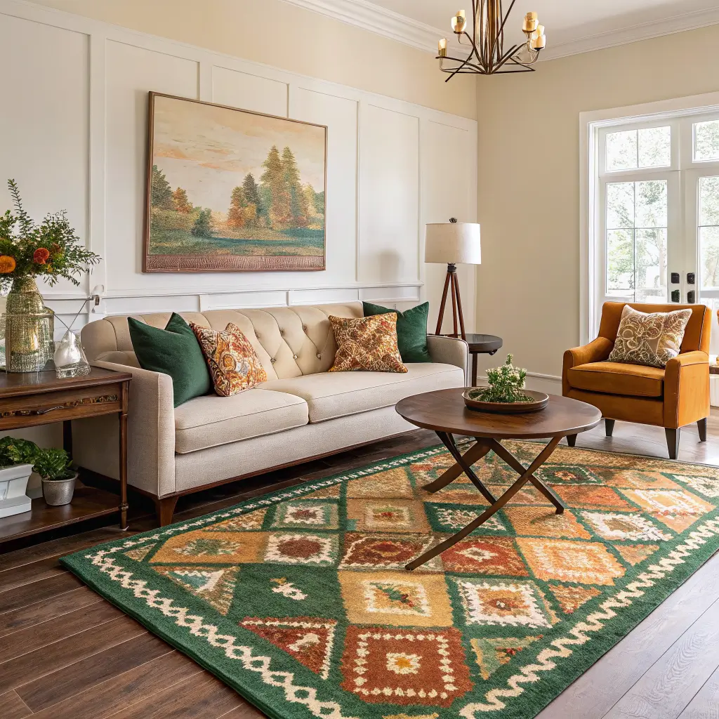 Photorealistic living room in golden hour light with a bold emerald, burnt orange, mustard, and cream patterned rug anchoring a cream sofa, walnut coffee table, and mustard velvet chair.