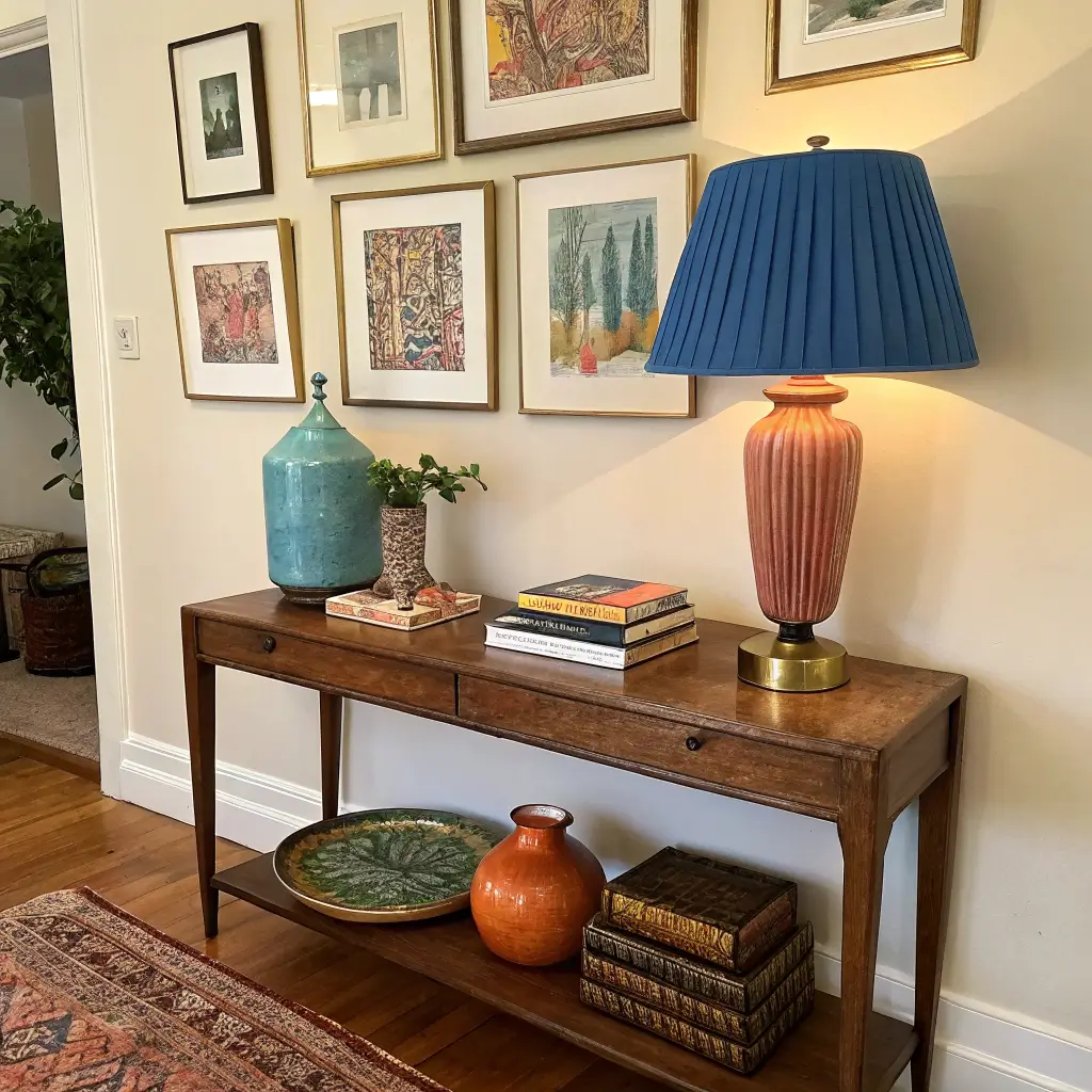 Cozy vignette with a walnut console against a cream wall, featuring a cobalt-blue thrifted lamp with a dusty pink pleated shade, colorful vases, art books, and an ochre-framed gallery wall in warm lamplight.