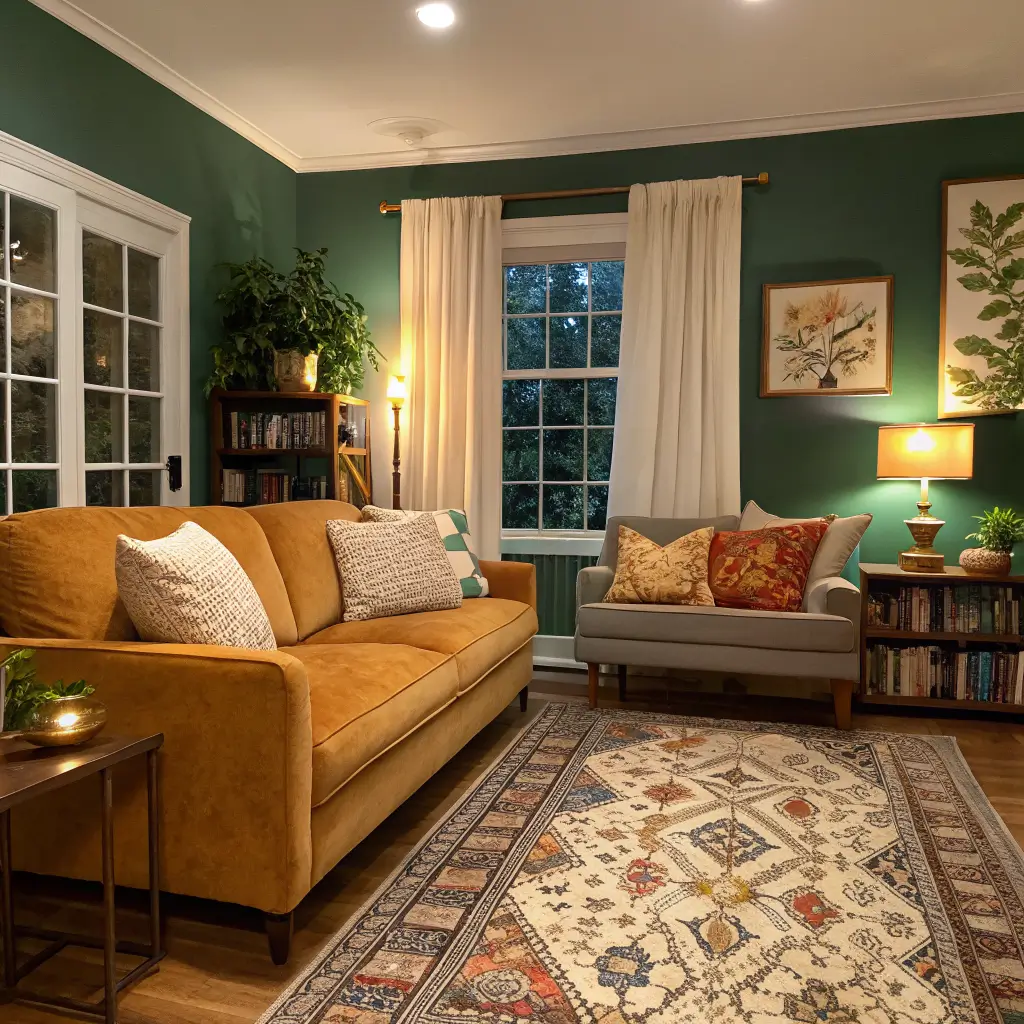 Photorealistic living room with Suzani rug, mustard velvet loveseat on emerald accent wall, layered pillows, walnut coffee table with books vase and candle, cream curtains, and warm lamplight.