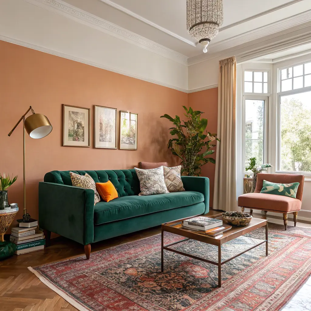 Golden-hour living room with terracotta walls, emerald velvet sofa on a vintage Persian rug, walnut mid-century coffee table, brass arc lamp, bird of paradise, and cream linen curtains.