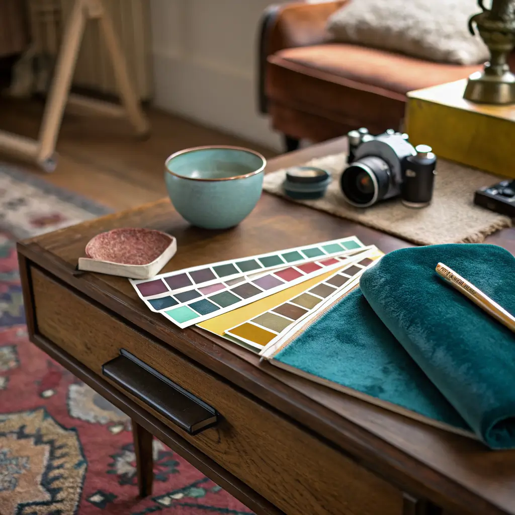 Close-up of colorful paint swatches, rug and velvet fabric samples, and a dusty rose ceramic bowl on a walnut console in warm window light.