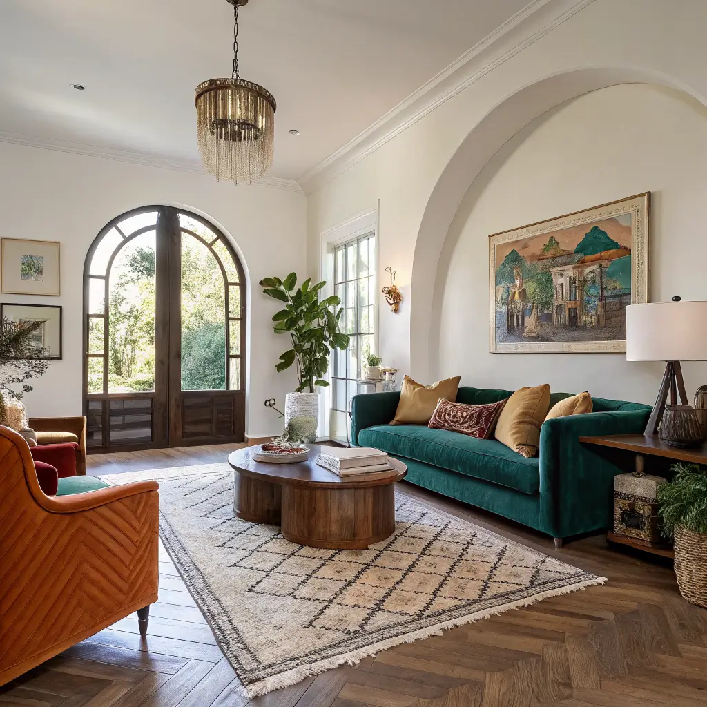 Wide-angle photo of an eclectic modern boho living room with rust velvet curved sofa, emerald accent chair, vintage Moroccan rug, walnut coffee table, arched doorway, oak herringbone floors, and warm late-afternoon light.