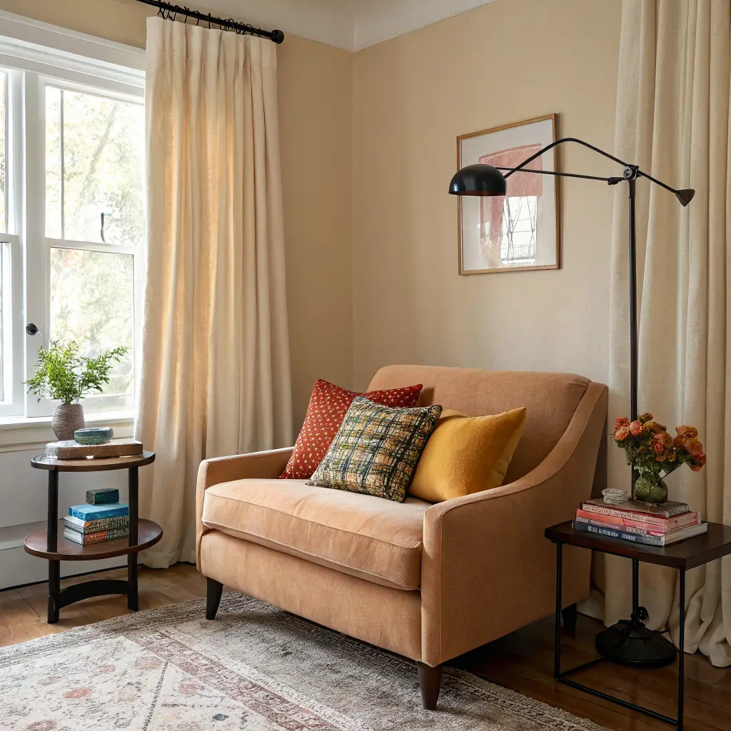 Living room corner with camel linen loveseat and colorful pillows, cream linen curtains, and black side table with warm lamp, books, and dusty rose ceramic vase in soft morning light.
