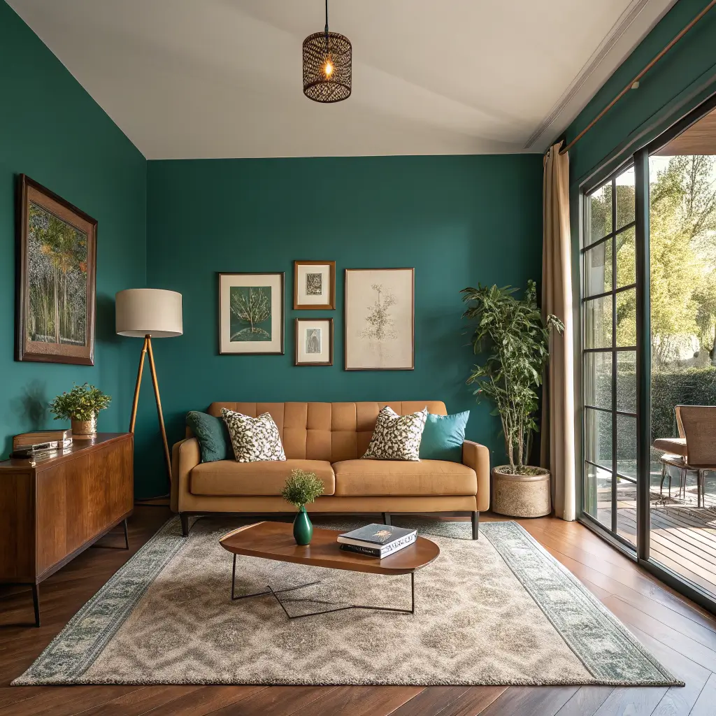 Photorealistic 350-sq-ft living room with deep teal walls and ceiling, camel oatmeal sofa on cream rug, walnut coffee table with brass tray and ceramics, brass arc floor lamp, bird of paradise, and marigold, terracotta, and emerald accents in golden afternoon light.