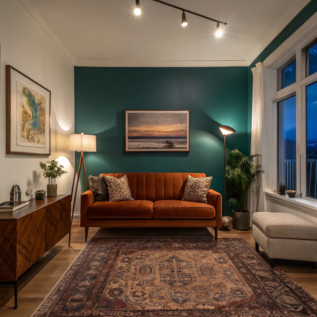 Head-on twilight living room with emerald accent wall, rust velvet sofa, abstract jewel-tone art, Persian rug, walnut coffee table, warm glowing lamps, and fiddle leaf fig.