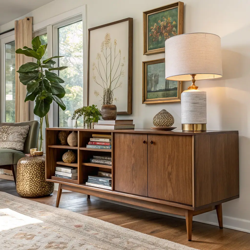 Mid-century living room vignette with walnut credenza, brass side table and ceramic lamp, abstract jewel-tone print, color-grouped books, and ceramics, with rust velvet sofa and Persian rug softly blurred.