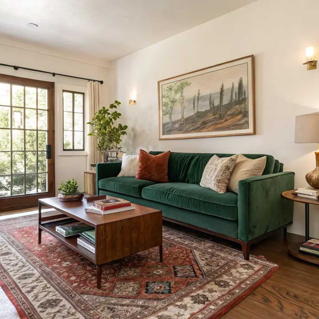 Wide-angle photorealistic living room with emerald velvet sofa, Persian rug, walnut coffee table with books and ceramic vessel, abstract art, brass lamp, linen curtains, bird of paradise, and warm golden-hour light with ample negative space.
