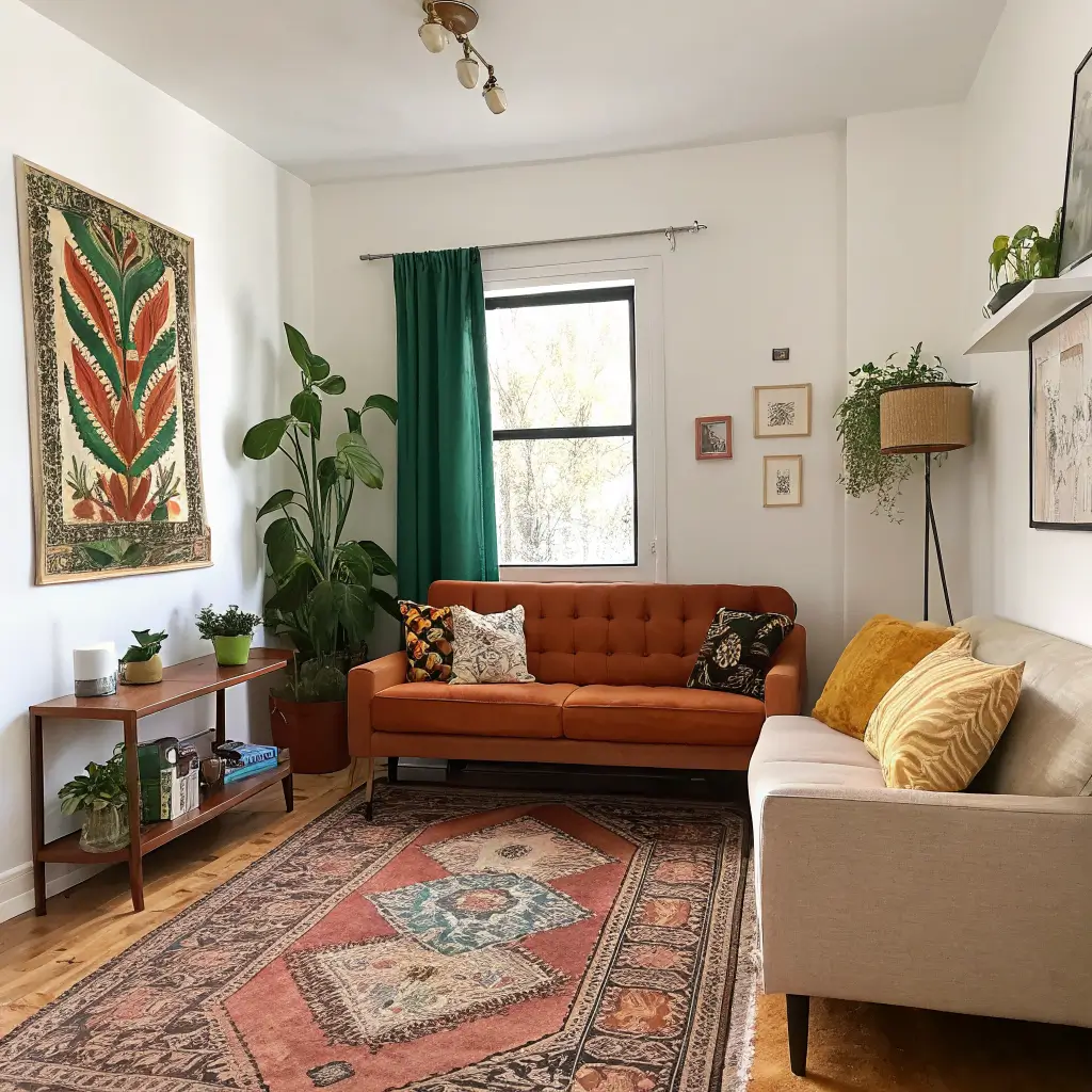 Renter-friendly living room with camel loveseat on vintage Persian rug, abstract jewel-tone peel-and-stick mural, emerald curtains, walnut coffee table, brass side table with warm lamp, and faux fiddle leaf in warm afternoon light.