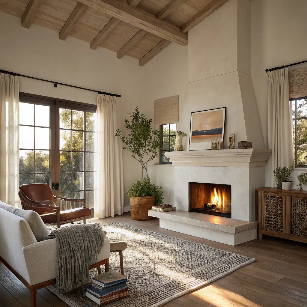 Modern organic living room with corner gas fireplace, white plaster surround and oak mantel, linen loveseat and charcoal boucle chair on cream-and-rust rug in golden hour light through sheer curtains.