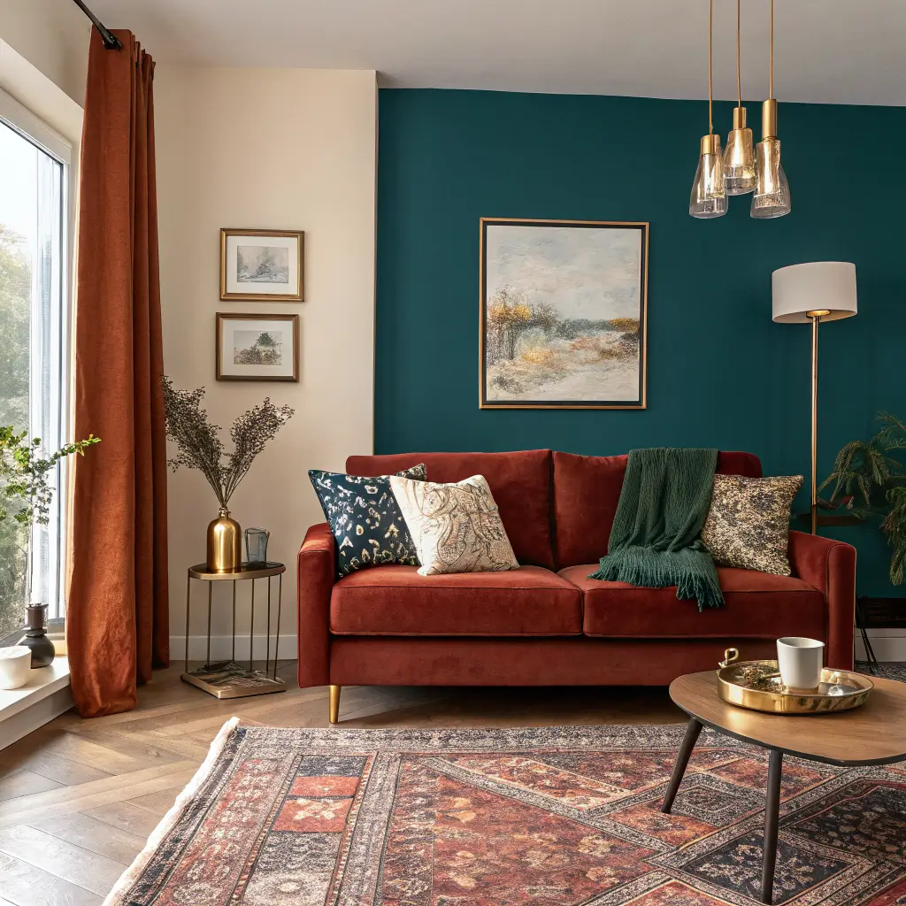 Wide-angle photo of a fall-styled living room with a rust velvet sofa, jewel-tone pillows, cream knit throw, teal accent wall with abstract art, Persian rug, walnut coffee table decor, and a glowing brass floor lamp in warm afternoon light.