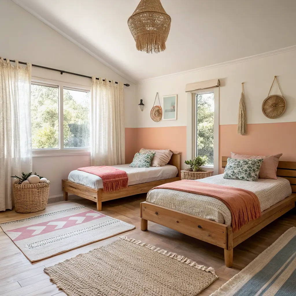 Photorealistic shared sibling bedroom with two natural oak twin beds against a coral half-wall, matching coral duvets and dusty blue pillows, jute patchwork rug between, warm sunlight through sheer curtains, and a centered brass pendant.