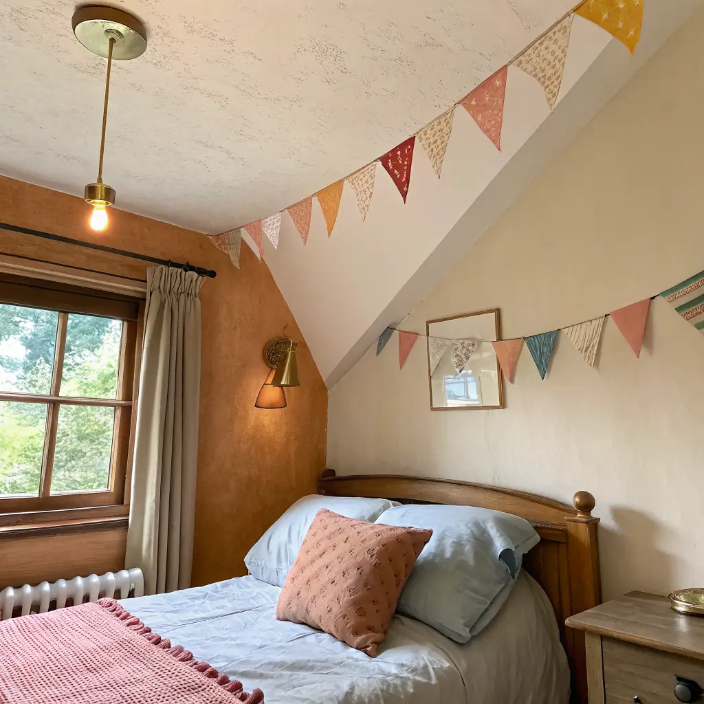 Low-angle close-up of a peach ceiling meeting off-white walls above an oak bed, with a glowing brass sconce, colorful triangle bunting, and morning light over coral and mustard bedding.