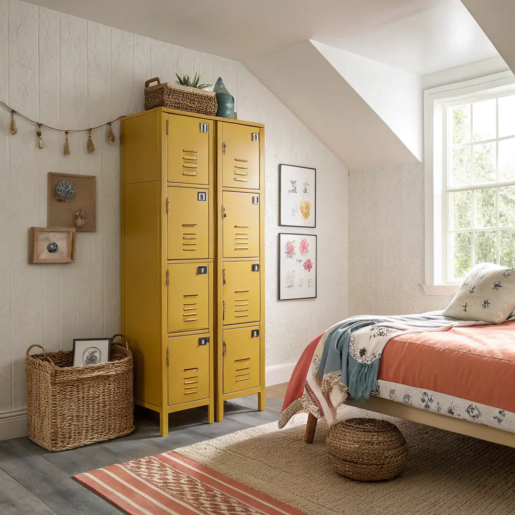 Photorealistic kids bedroom corner with mustard yellow lockers, oak bed with coral duvet, coral and dusty blue rug, and wicker basket of stuffed animals in warm daylight.