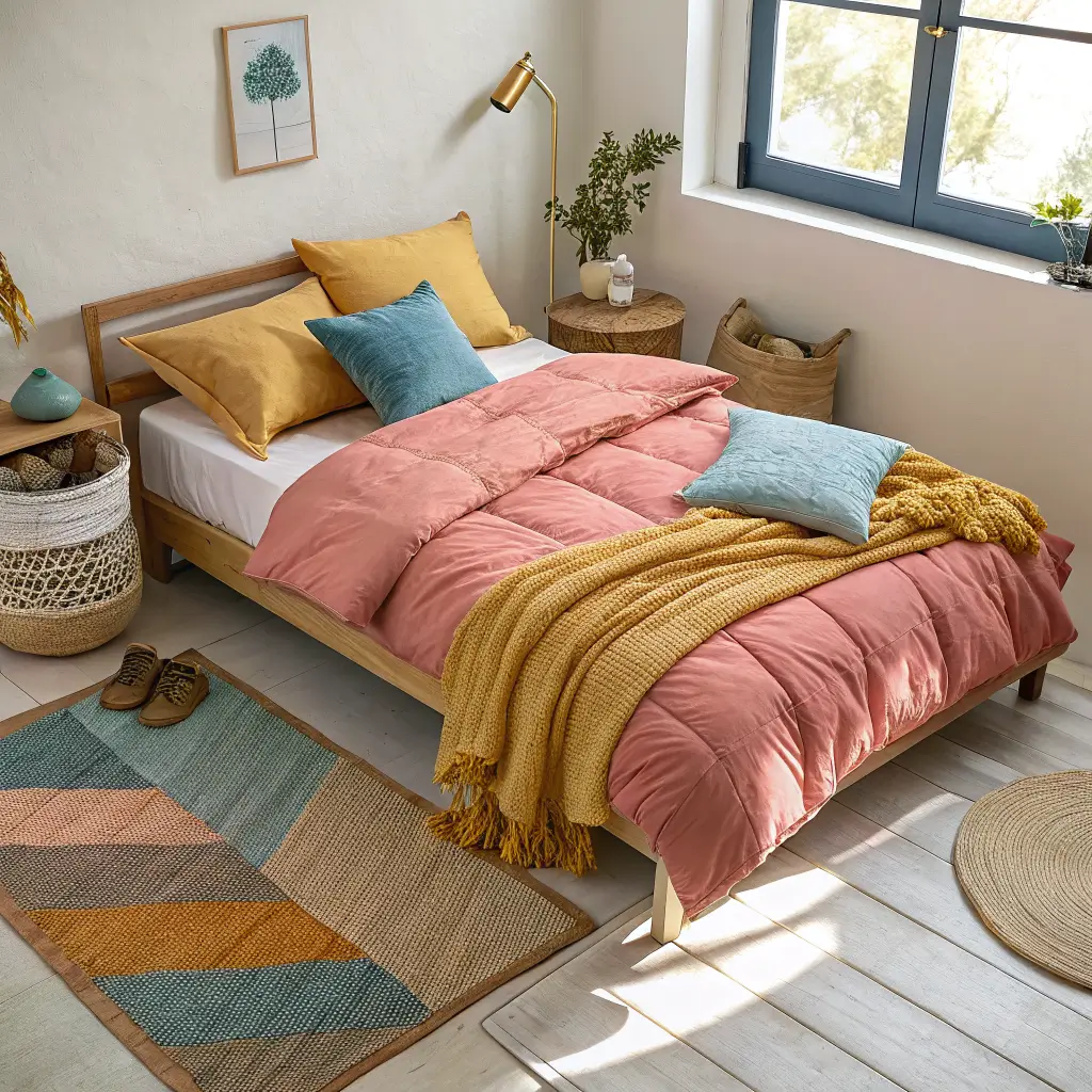 Overhead angled view of a low oak children’s bed with coral duvet, mustard linen shams, dusty blue cushion, and cream knit throw, sunlit beside a patchwork rug.