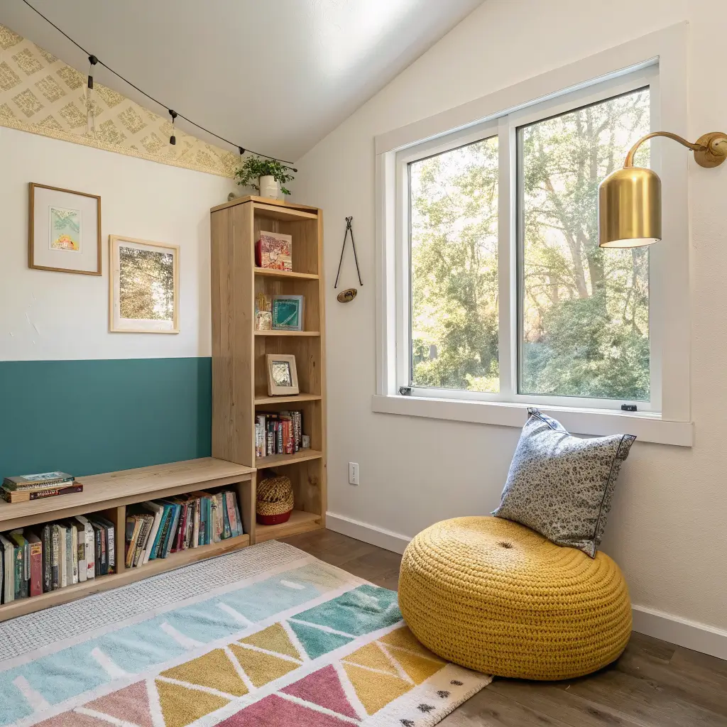 Photorealistic child’s reading nook by a window with an oak bookshelf of colorful picture books, mustard floor cushion on a patchwork rug, brass swing-arm sconce, and dusty blue color-blocked wall in warm afternoon light.