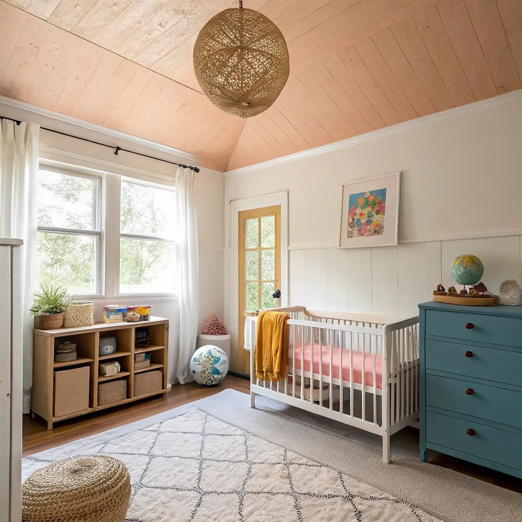 Photorealistic nursery-to-toddler room with off-white walls, peach ceiling, oak toddler bed with coral quilt and mustard pillow, TROFAST bins in coral and dusty blue, small rug, brass globe pendant, and warm daylight from a right window.
