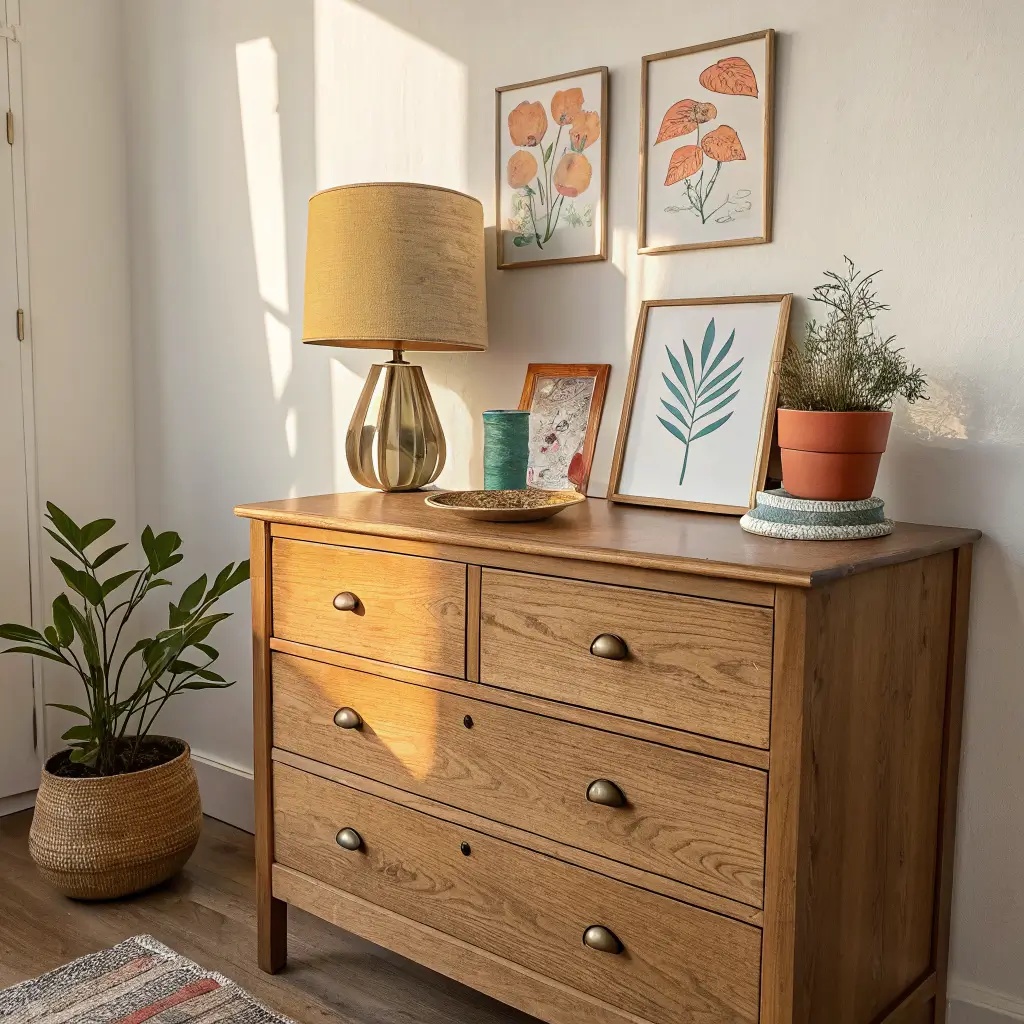 Styled oak dresser vignette in a colorful kids room with ceramic lamp, abstract prints, pothos plant, and brass mirror in warm late-afternoon light.
