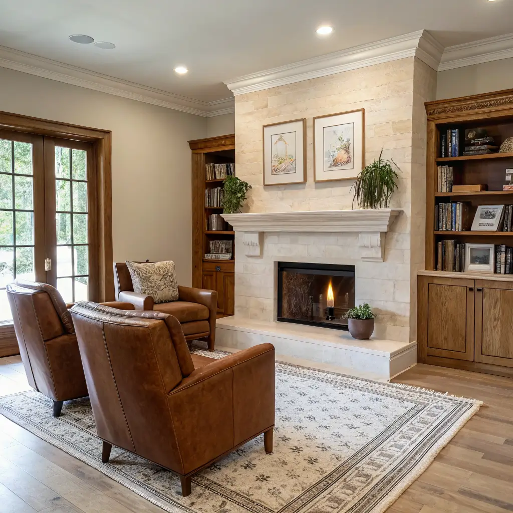 Photorealistic transitional den with travertine corner fireplace, white oak mantel, cognac leather chairs, greige linen sofa, ivory striped wool rug, botanical prints, and slim oak bookshelf in soft morning light.
