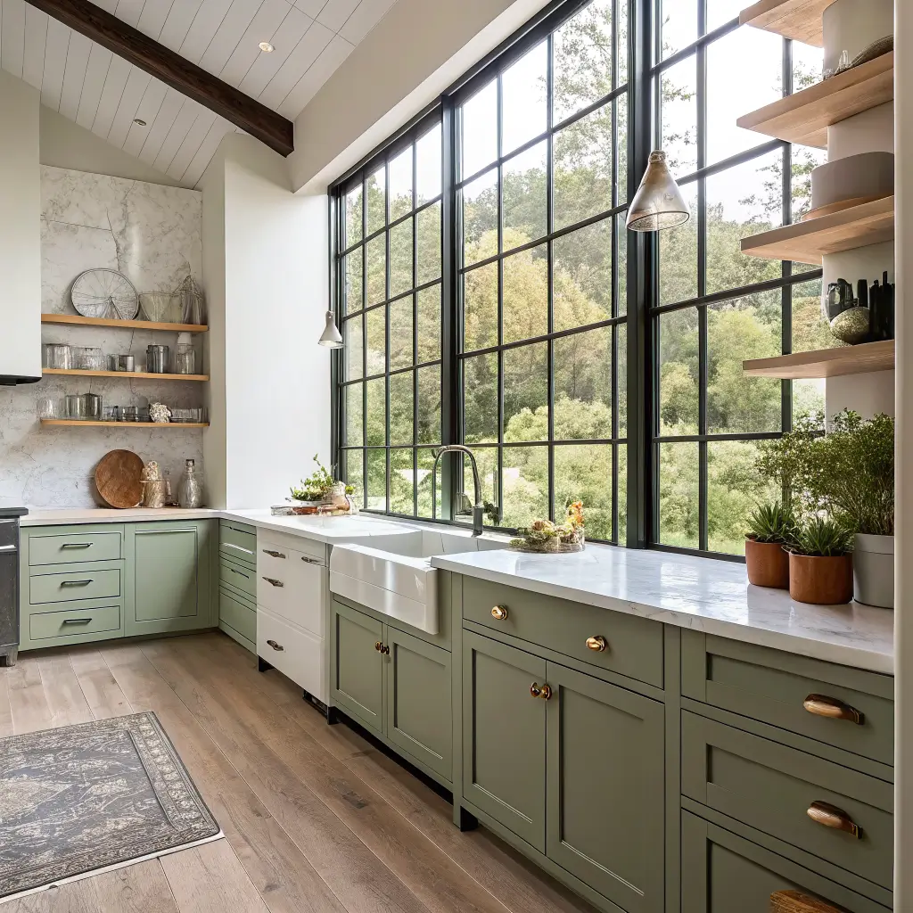 Photorealistic modern eclectic kitchen with sage shaker cabinets, Calacatta quartz counters, open oak shelves, eggshell zellige backsplash, and brass fixtures in soft morning window light.