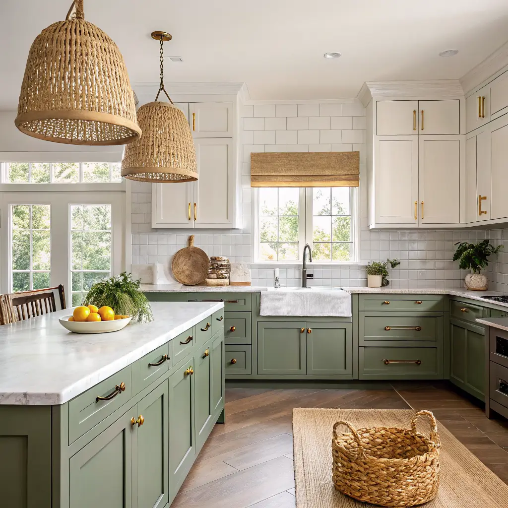 Photorealistic Shaker kitchen at golden hour with deep muddy sage cabinets, warm white walls, white oak floors, unlacquered brass hardware, Calacatta marble counters, creamy zellige backsplash, and a small oak island under rattan pendants.