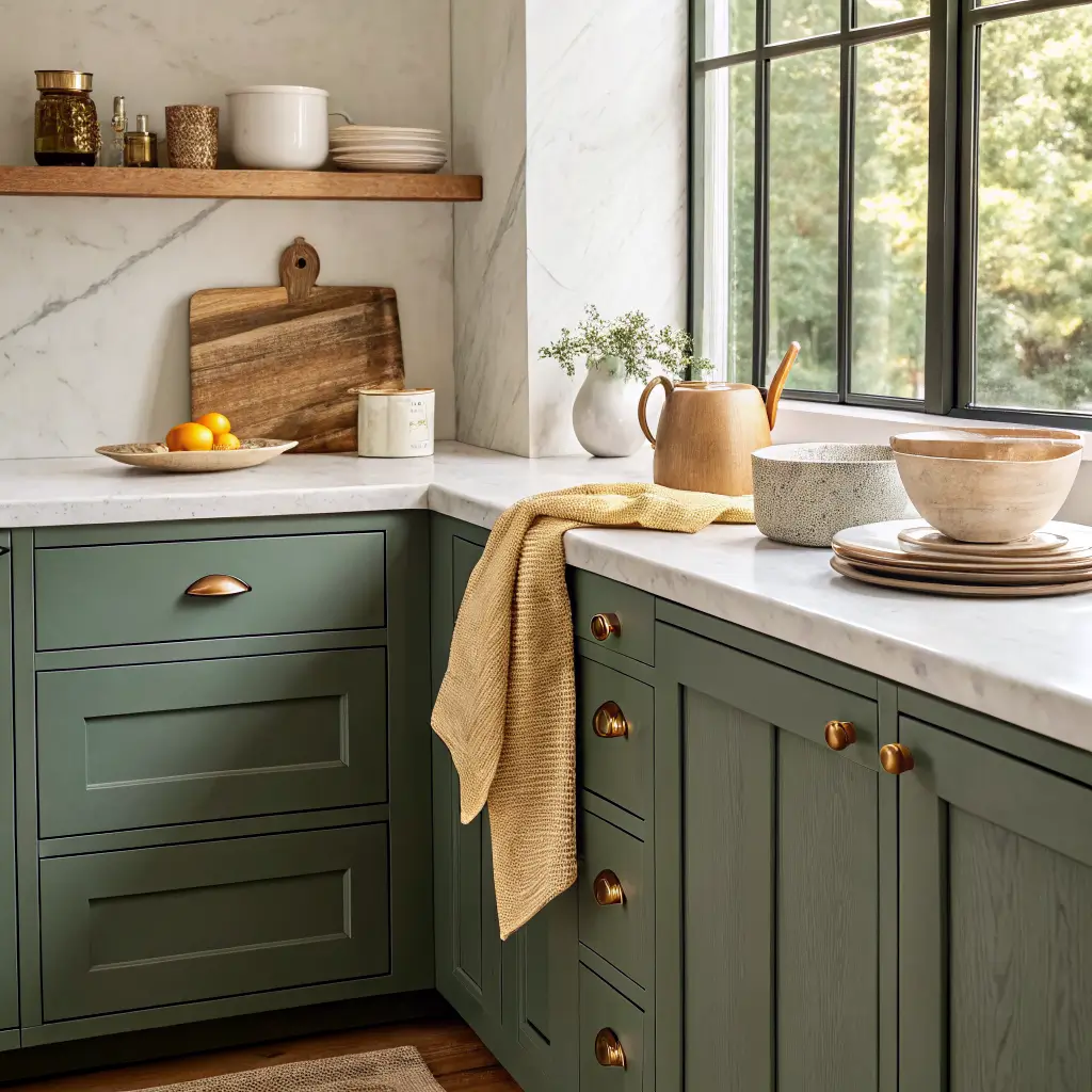 Close-up of a Shaker kitchen corner with grayed forest green cabinets, Calacatta marble counter, zellige backsplash, brass pull, terracotta crock with olivewood spoons, yellow linen towel, and white oak shelf with cream stoneware and an ochre vase in soft daylight.