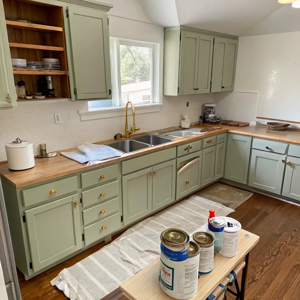 Overhead angled photo of a mid-project kitchen refresh with muddy sage painted cabinets, brass pulls, quartz counters, striped runner, and paint supplies on a butcher block island in daylight.