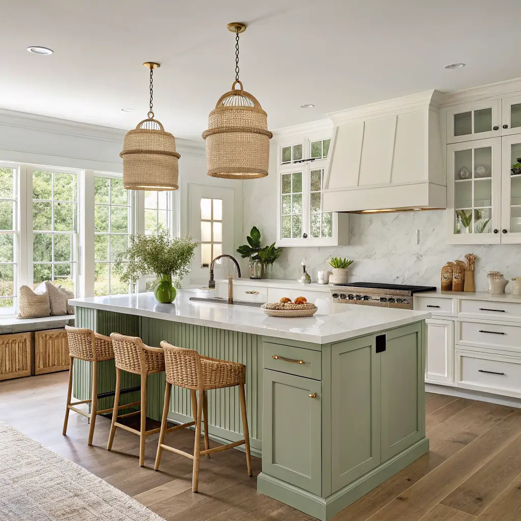 Photorealistic Scandi-style kitchen with a deep sage island, Calacatta marble top, rattan pendants, and caned stools in bright late-morning daylight.