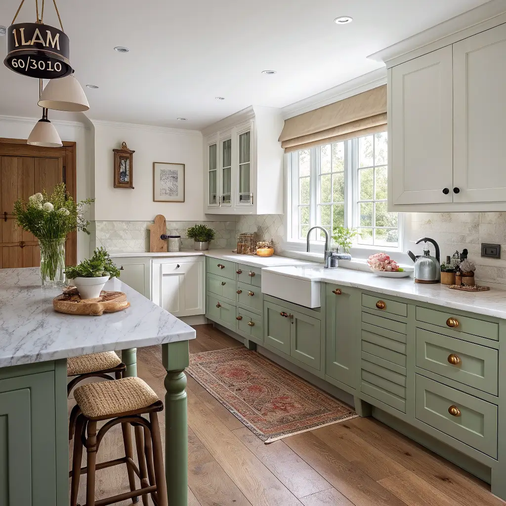 Photorealistic Shaker kitchen with warm white walls and marble counters, muddy sage lower cabinets, terracotta accents, white oak floors, brass hardware, and a blurred Post-it on the fridge.