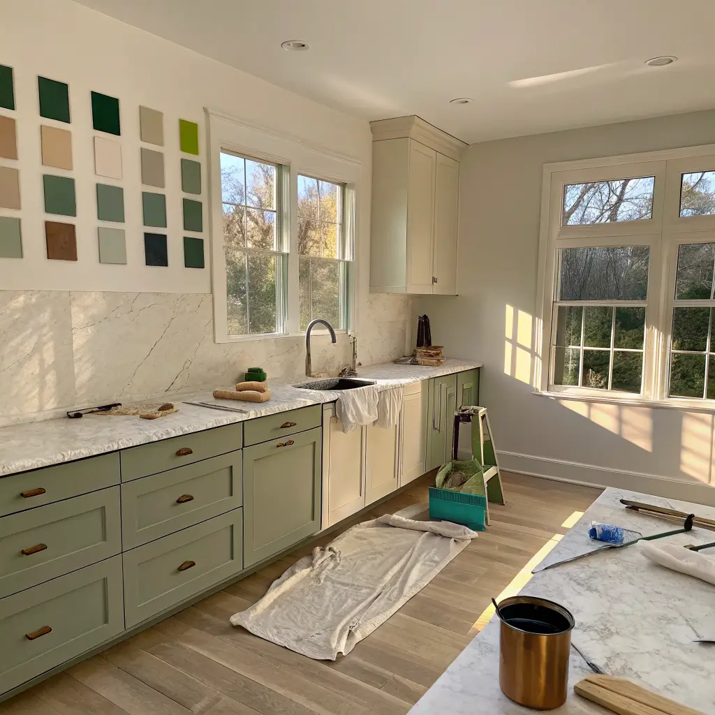 Kitchen wall paint test with two muddy sage sample squares above a Calacatta marble counter, golden-hour sunlight casting warm shadows, with painter’s tape, sample pot, and brush on a drop cloth.