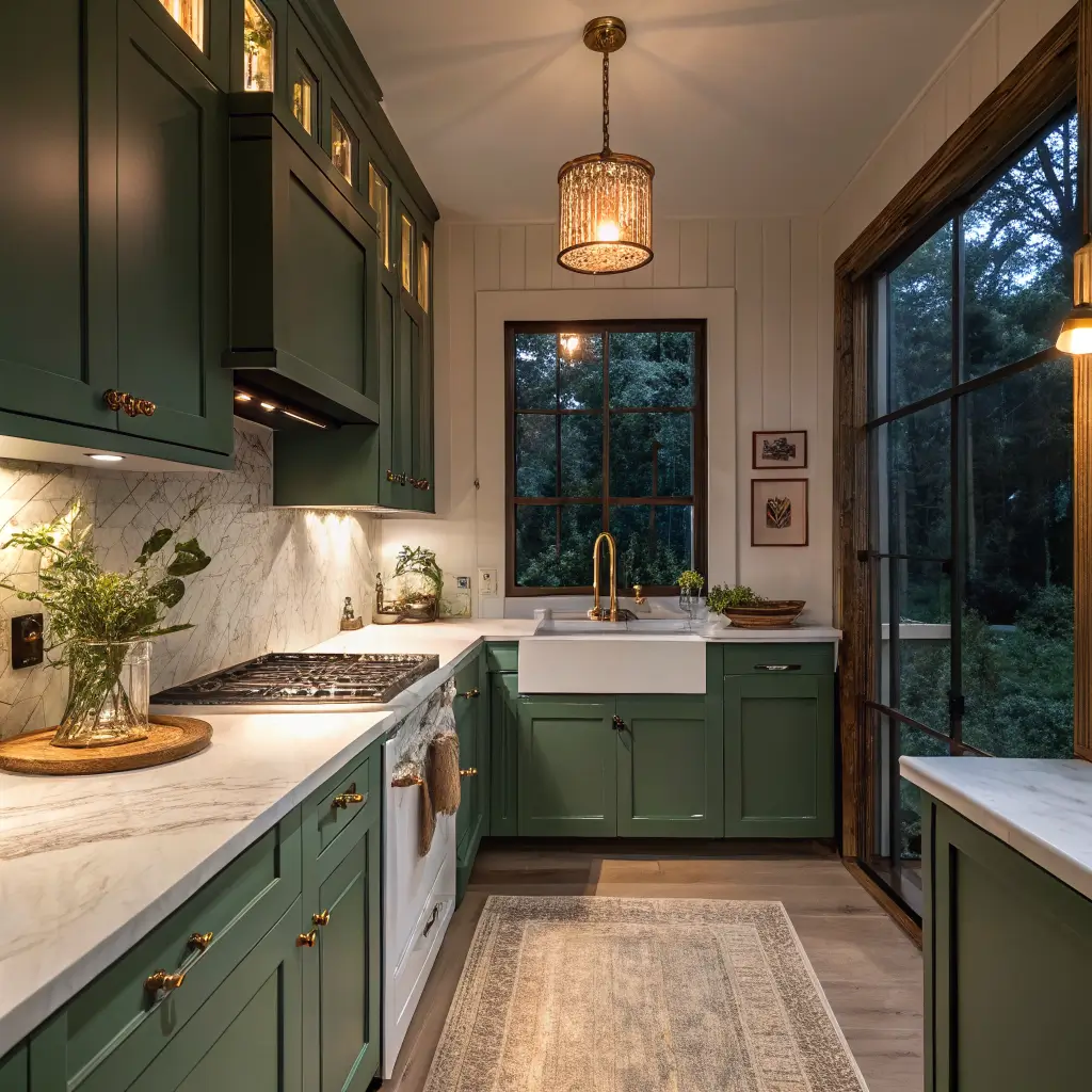 Photorealistic small 8x10 kitchen at dusk with muddy forest green cabinets and walls, Calacatta marble counters, zellige backsplash, brass pendant, white oak floors, and a terracotta vase, lit by warm glow and blue window light.