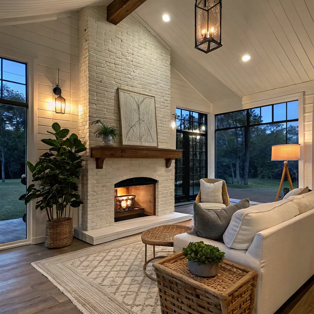 Photorealistic modern farmhouse family room with white brick corner fireplace, reclaimed oak mantel, linen sofa, rattan chairs, Persian rug, and fiddle-leaf fig at blue hour.