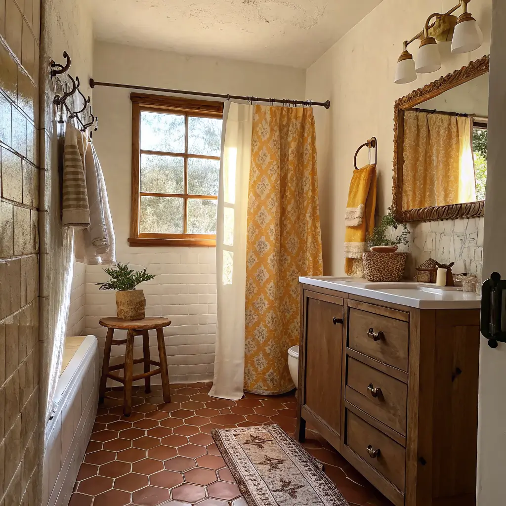 Photorealistic small 6x8 bathroom with terracotta hex tile, cane-front oak vanity, block-printed shower curtain, mustard towels, rattan pendant shadows, and golden-hour sunlight through a linen window.