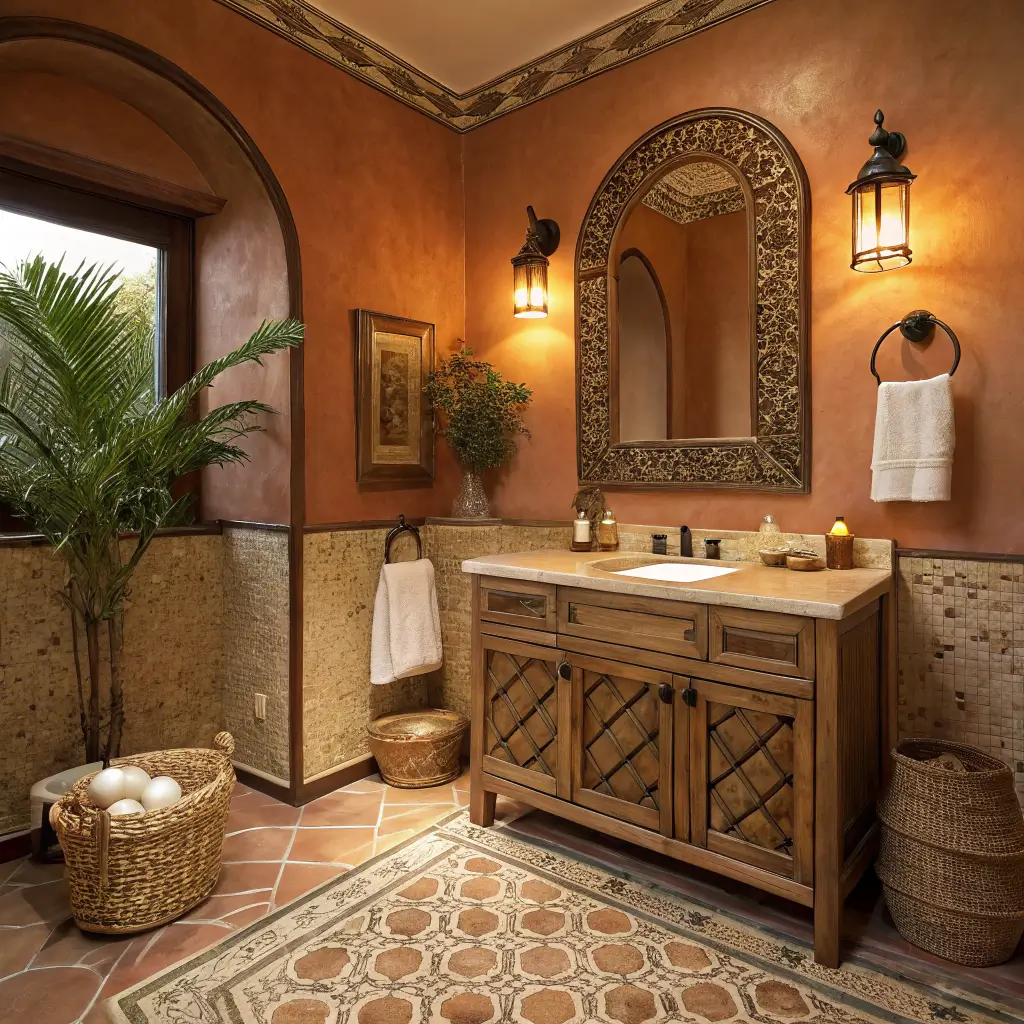 Photorealistic twilight guest bathroom with clay walls, Moroccan cream-and-terracotta tile, teak vanity with brass faucet, arched rattan mirror, candles, towels, and trailing spider plant.