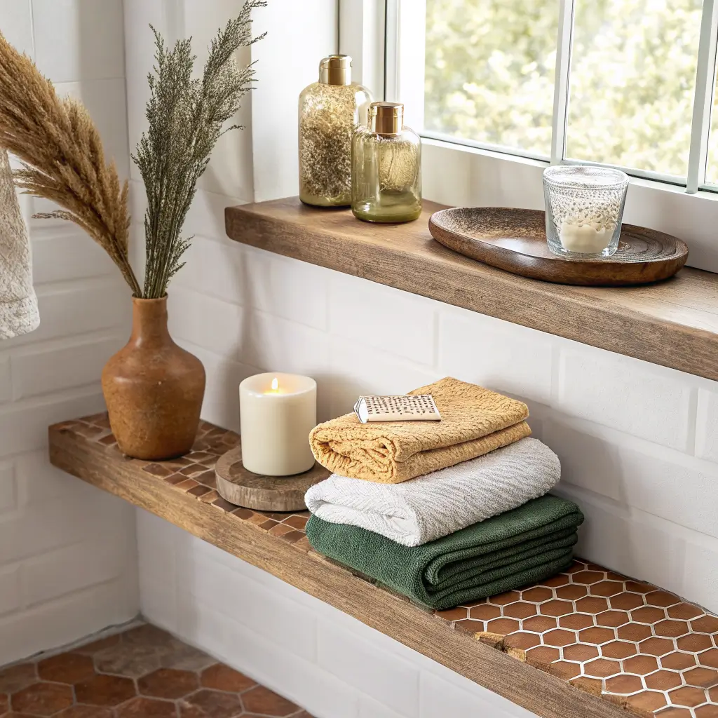 Close-up bathroom shelf vignette with terracotta vase and pampas, brass tray with candle, mustard towels, warm white limewashed wall, and a deep green dish above terracotta hex floor and a kilim runner.