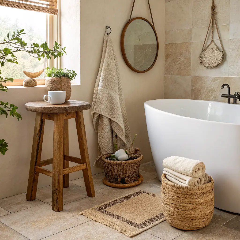 Low-angle photorealistic bathroom corner with freestanding white tub, teak stool holding towel, ceramic mug and brass dish, jute basket, cane round mirror, rattan pendant, terracotta hex tile floor, sand limewashed walls, and trailing pothos in warm morning light.
