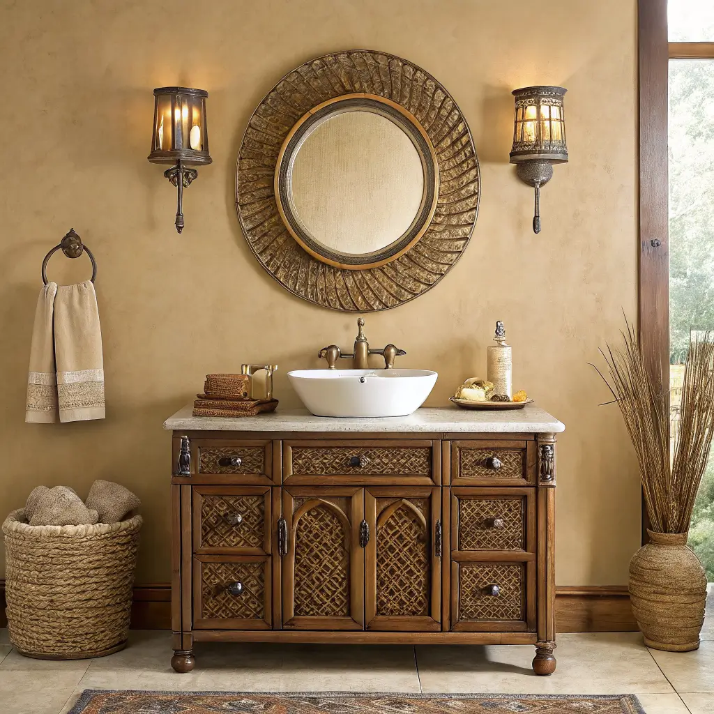 Photorealistic clay-walled bathroom vanity with carved teak cabinet, cream vessel sink, arched rattan sunburst mirror, and brass sconces in symmetrical warm light.