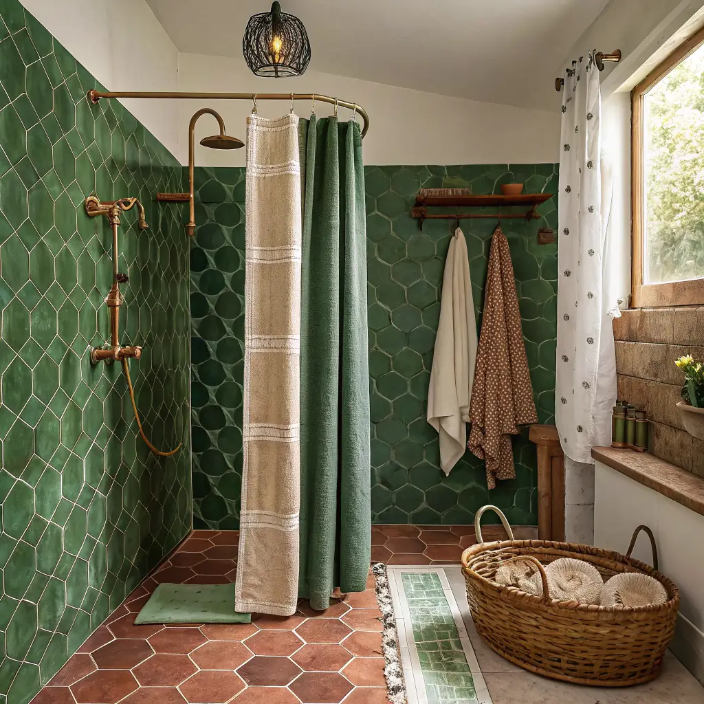 Photorealistic walk-in shower with brass fixtures, deep green zellige tiles, terracotta hex floor, and an ikat shower curtain beside a runner, towels in a jute basket, lit by warm morning window light.