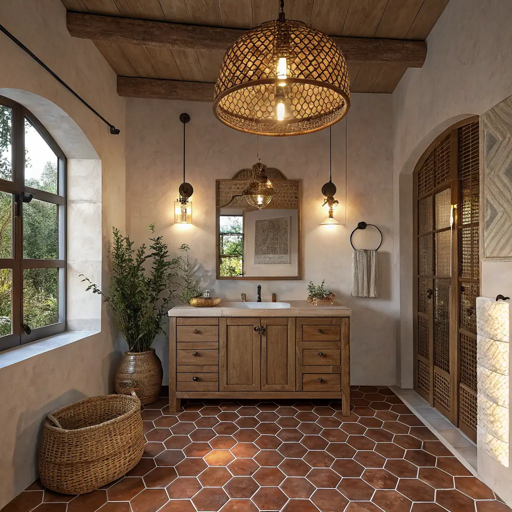 Photorealistic dusk-lit bathroom with warm limewashed walls, terracotta hex tile floor, oak cane-front vanity, rattan pendant casting woven shadows, and brass sconces flanking a carved wood mirror.