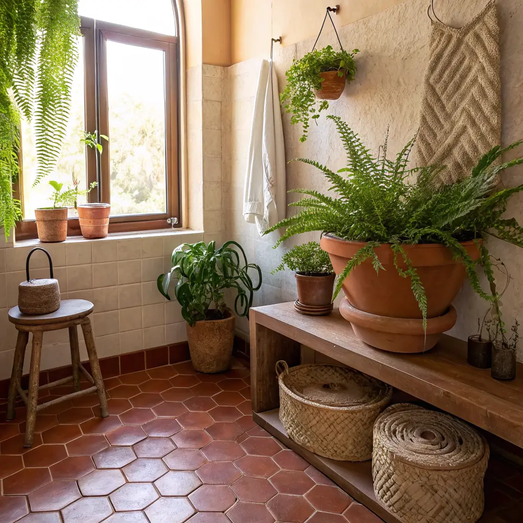 Boho bathroom with warm clay walls and terracotta hex tile floor, featuring a jute-wrapped fern on the floor, pothos on an oak shelf, and a hanging spider plant near a sunlit window.